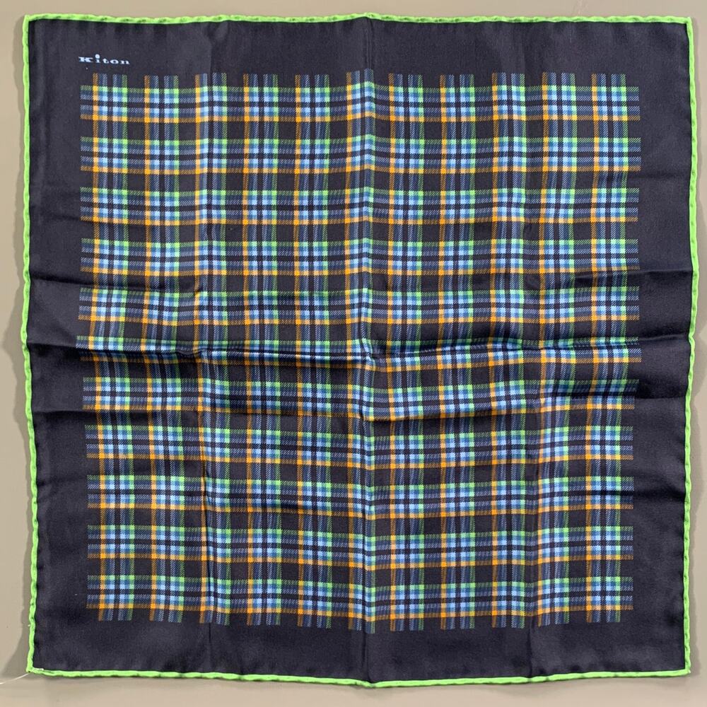 KITON Navy Green Plaid Silk Pocket Square